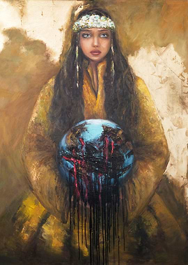 Woman Holding Bleeding Earth. Hope.