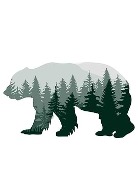 Bear Silhouette with Forest, Bear Silhouette Wall Art - Watercolor Mountain and Forest Design for Cabin Decor, Printable wall art, bear silhouette filled with forest