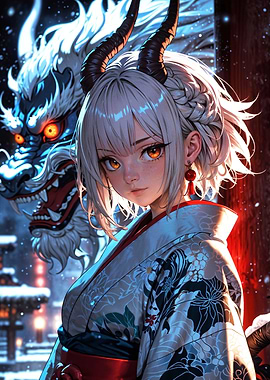 Demon Elegance: Oni Maiden in Winter Night