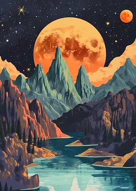 Mountain Landscape with Giant Moon