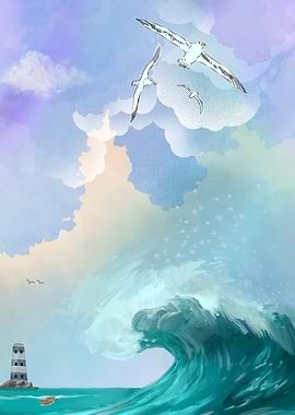 Seagull Flight and Ocean Wave