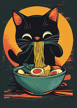 Black Cat Eating Ramen