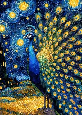 Peacock Under Starry Night