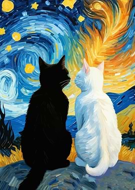 Starry Night Black Cat and White Cat Romantic