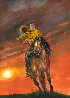 Cowboy Riding at Sunset