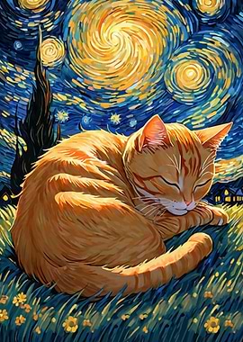 Orange Tabby Cat Sleeping in Starry Night