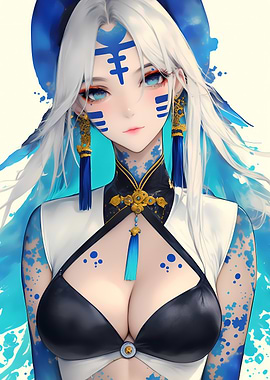 Anime Girl with Blue Tattoos Gaming
