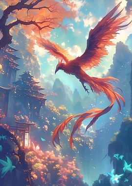 Phoenix Soaring Over Temple