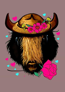 Highland Cow with Hat and Flowers