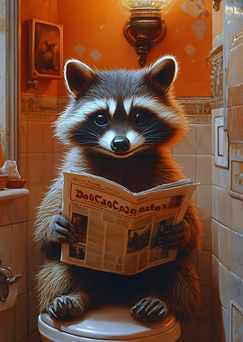 Raccoon Reading Newspaper Toilet Funny
