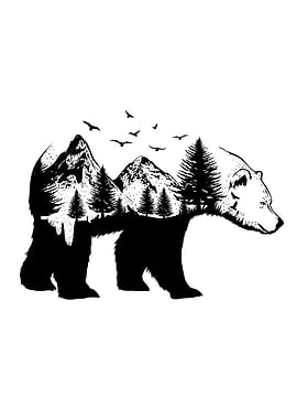 Bear Mountain Silhouette Poster, Bear Silhouette with Forest and Castle Clipart, Digital Download, Nature Art, Woodland Animal Printable, Unique Wall Art