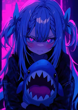 Anime Girl with Shark Plush