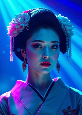 Geisha in Blue Neon Lights