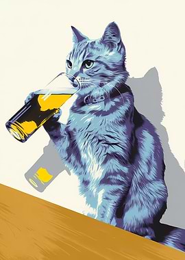 Cat Drinking Beer - Pop Art