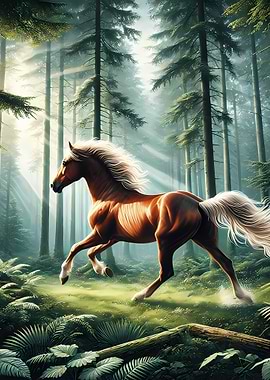 Horse Running Through Forest