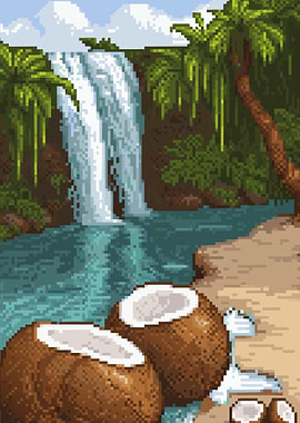 Tropical Waterfall with Coconuts