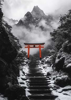 Torii Gate in Snowy Mountains