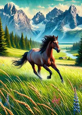 Horse Running Mountain Landscape
