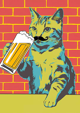 Funny Mustache Cat with Beer