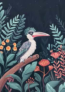 Bird in Lush Nighttime Forest