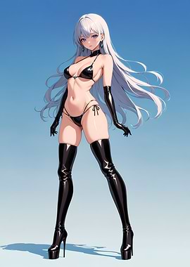Anime Girl in Black Bikini and Overknee Boots