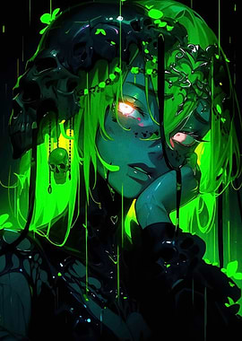 Green Anime Girl with Skulls