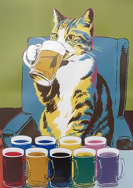 Pop Art Cat Drinking Beer