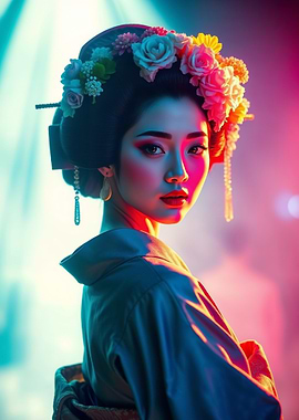 Pretty Geisha in Soft Neon Lights