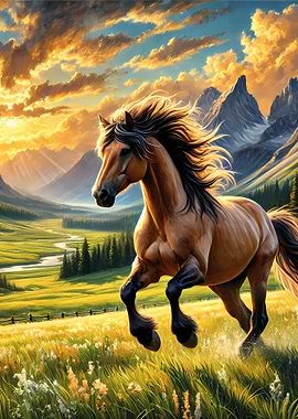 Horse Running in Meadow