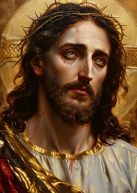 Jesus Christ Portrait Icon With Crown Of Thorns And Golden Background