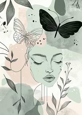 Woman with Butterflies and Flowers