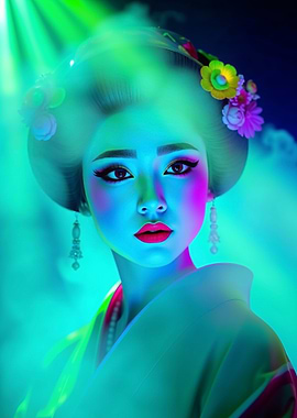 Geisha in Blue Green Neon Lights