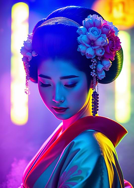 Beautiful Geisha in Neon Lights