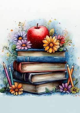 Watercolor Books & Apple