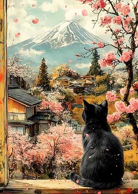 Black Cat & Cherry Blossoms Asian Japanese Landscape