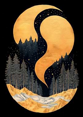 Golden Forest Night Japanese Landscape