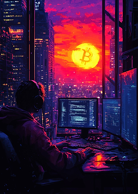 Bitcoin Sunset Cityscape