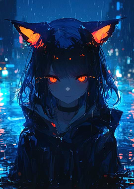 Anime Girl with Cat Ears in Rain