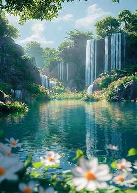 Floral Serene Waterfall Landscape