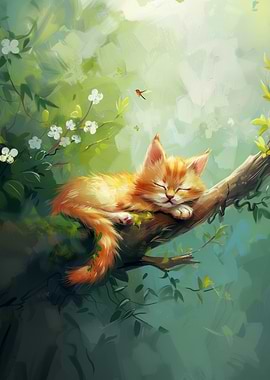 Sleeping Kitten in Tree