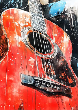 Red Acoustic Guitar Watercolor