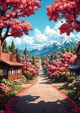 Springtime Village Japanese Landscape