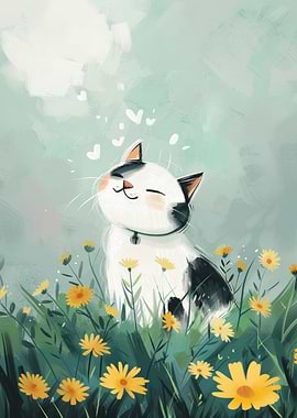 Happy Cat in Flowers
