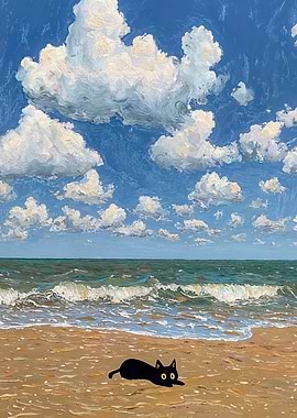 Oil Painting of a Black Cat on Beach