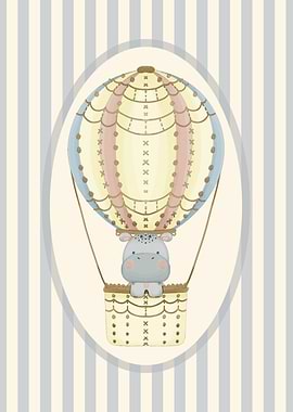 Hippo in Hot Air Balloon Nursery Wall Poster