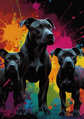 Three Black Dogs on Colorful Background