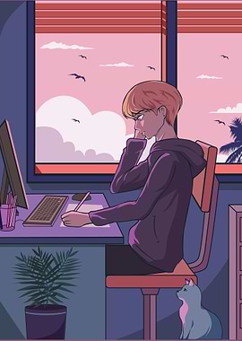 Anime Character Working at Desk