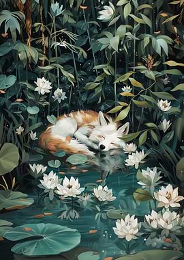 Sleeping Fox in Water Lilies