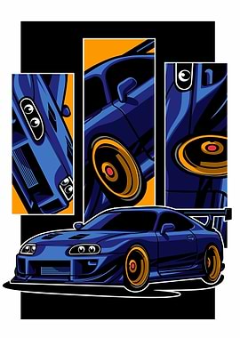 Blue Supra Car Illustration japanese style