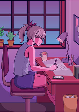 Anime Girl Writing at Desk